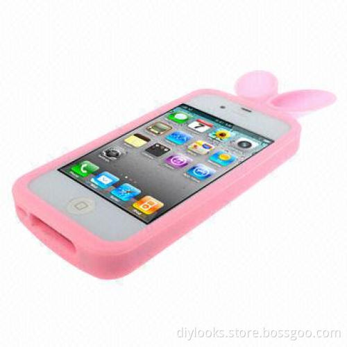 Pink Silicone Case for iPhone 4 and 4S with Mouse Erect Ears-shaped Amplifier